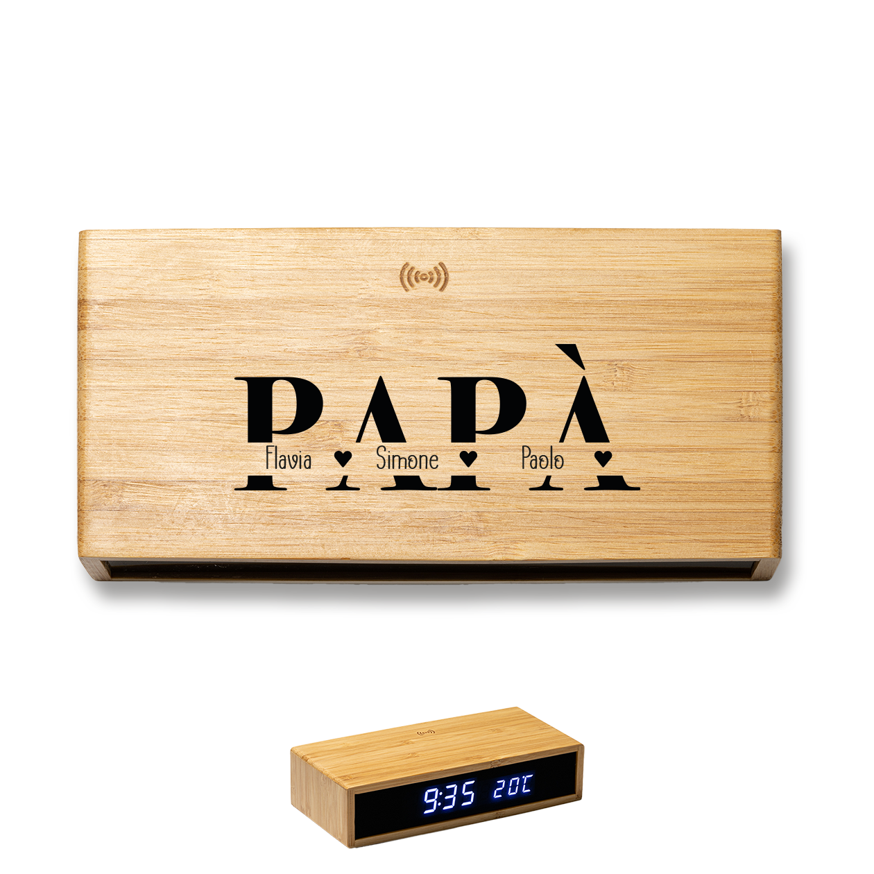 Papà heart - Sveglia Digitale in Bambù con Orologio da Tavolo - personalizzata con nomi