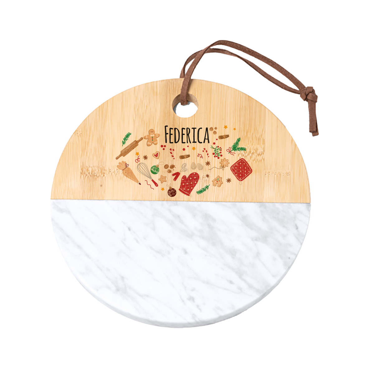 Stile natalizio - Tagliere in marmo e bamboo naturale - personalizzato con nome