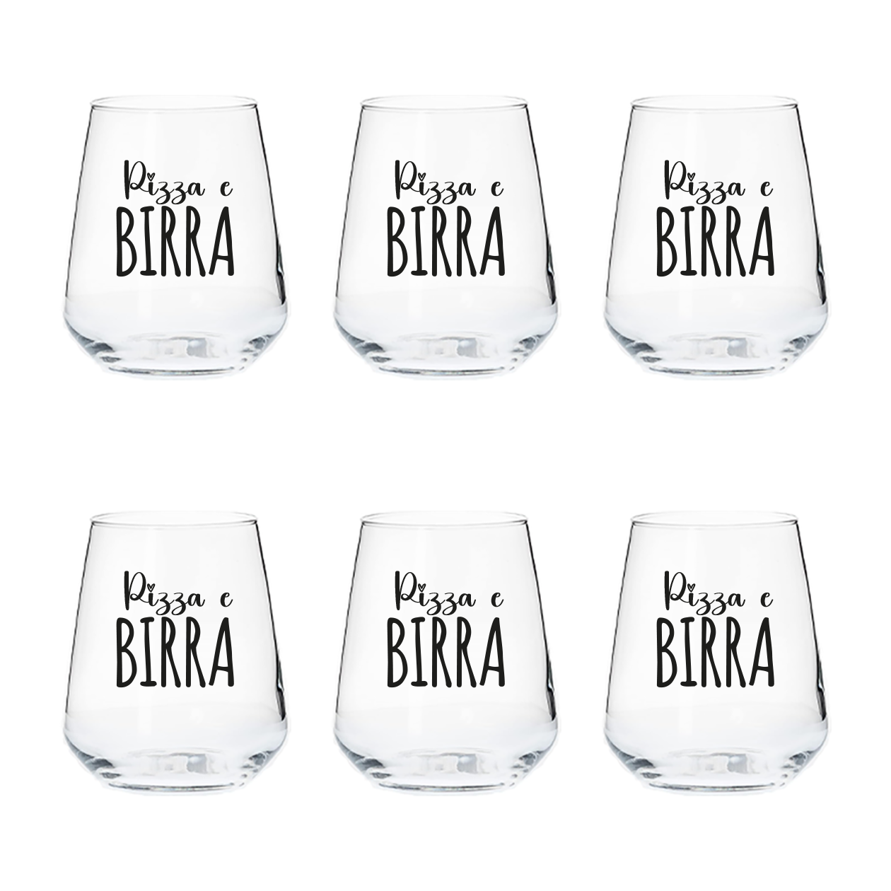 Pizza e birra - 6 Bicchieri Personalizzati con frasi Adatti ad Acqua Vino Birra Tutte le Bevande