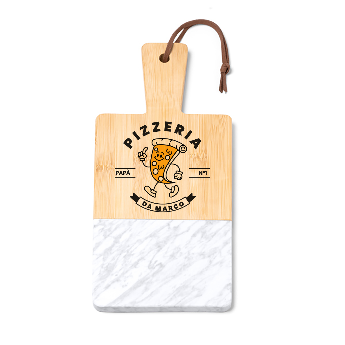 Pizzeria papà n 1 - Tagliere in marmo e bamboo naturale - personalizzato con nome