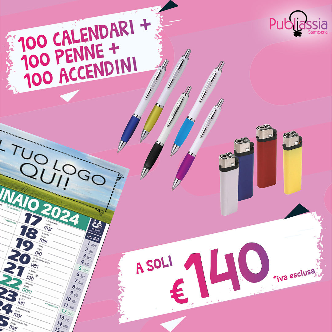 100 Calendati + 100 Penne + 100 Accendini - Personalizzate con loghi, frasi, immagini - Offerta