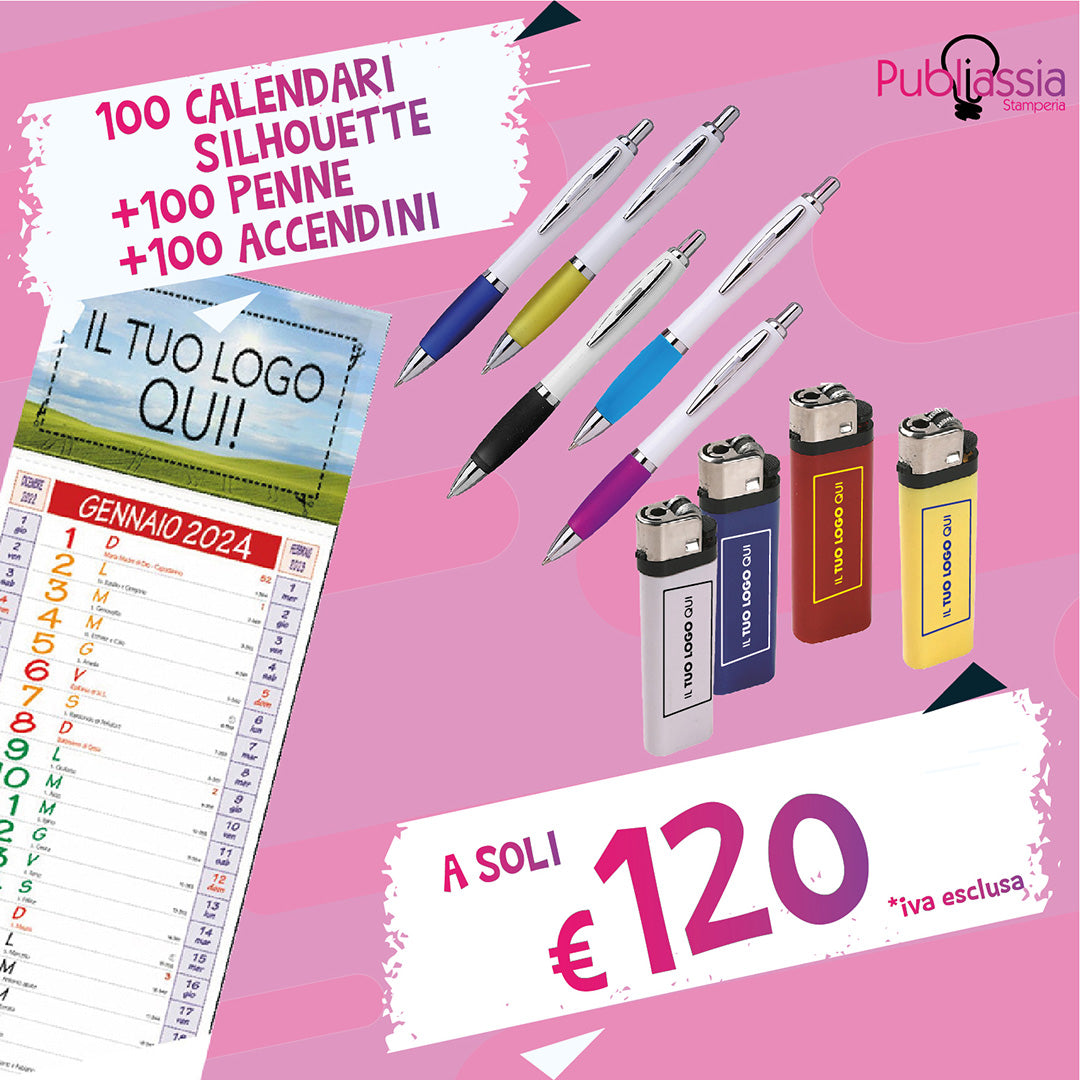 100 Calendari Silhouette + 100 Penne + 100 Accendini - Personalizzate con loghi, frasi, immagini - Offerta