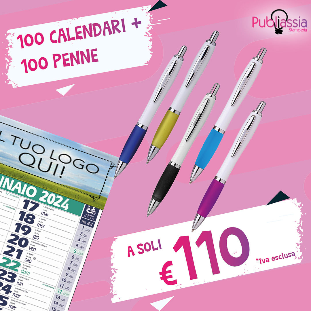 100 Calendati + 100 Penne - Personalizzate con loghi, frasi, immagini - Offerta