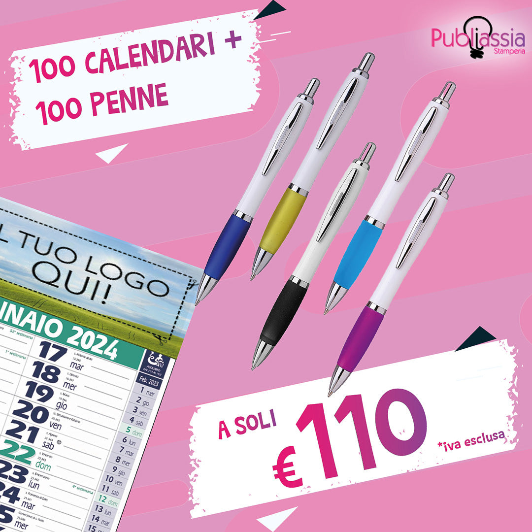 100 Calendari + 100 Penne - Personalizzate con loghi, frasi, immagini - Offerta