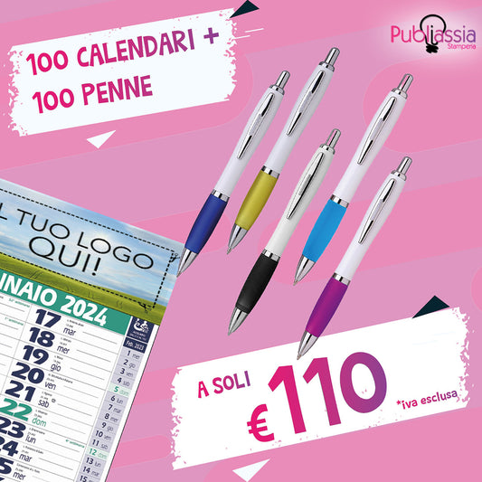 100 Calendati + 100 Penne - Personalizzate con loghi, frasi, immagini - Offerta