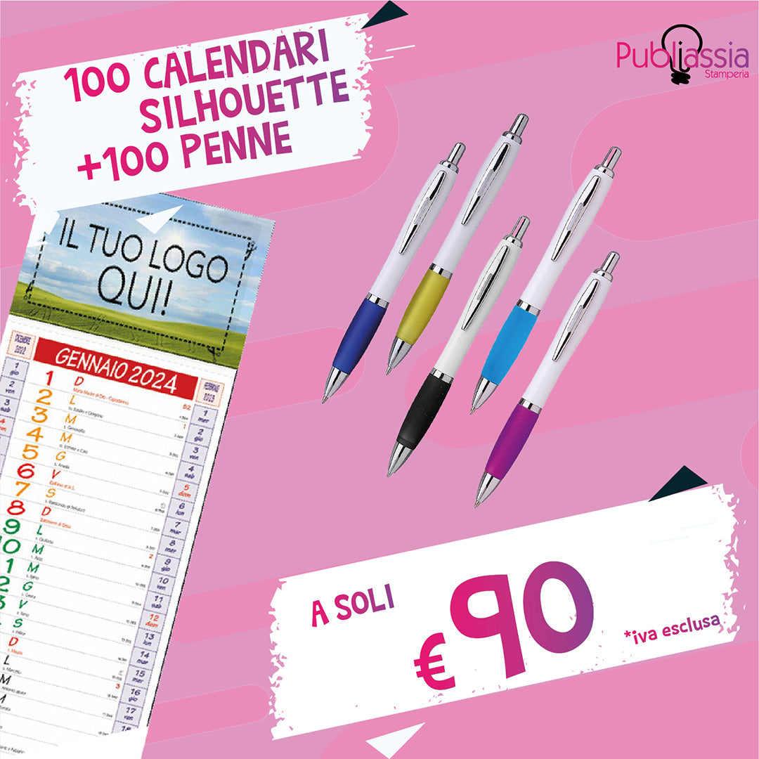 100 Calendari Silhouette + 100 Penne - Personalizzate con loghi, frasi, immagini - Offerta