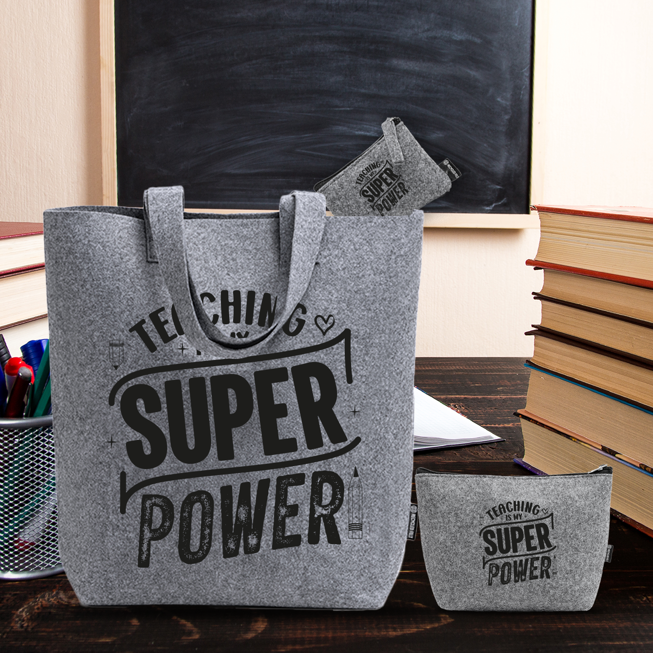 Taching super power - Tris Borse in feltro con designe melange