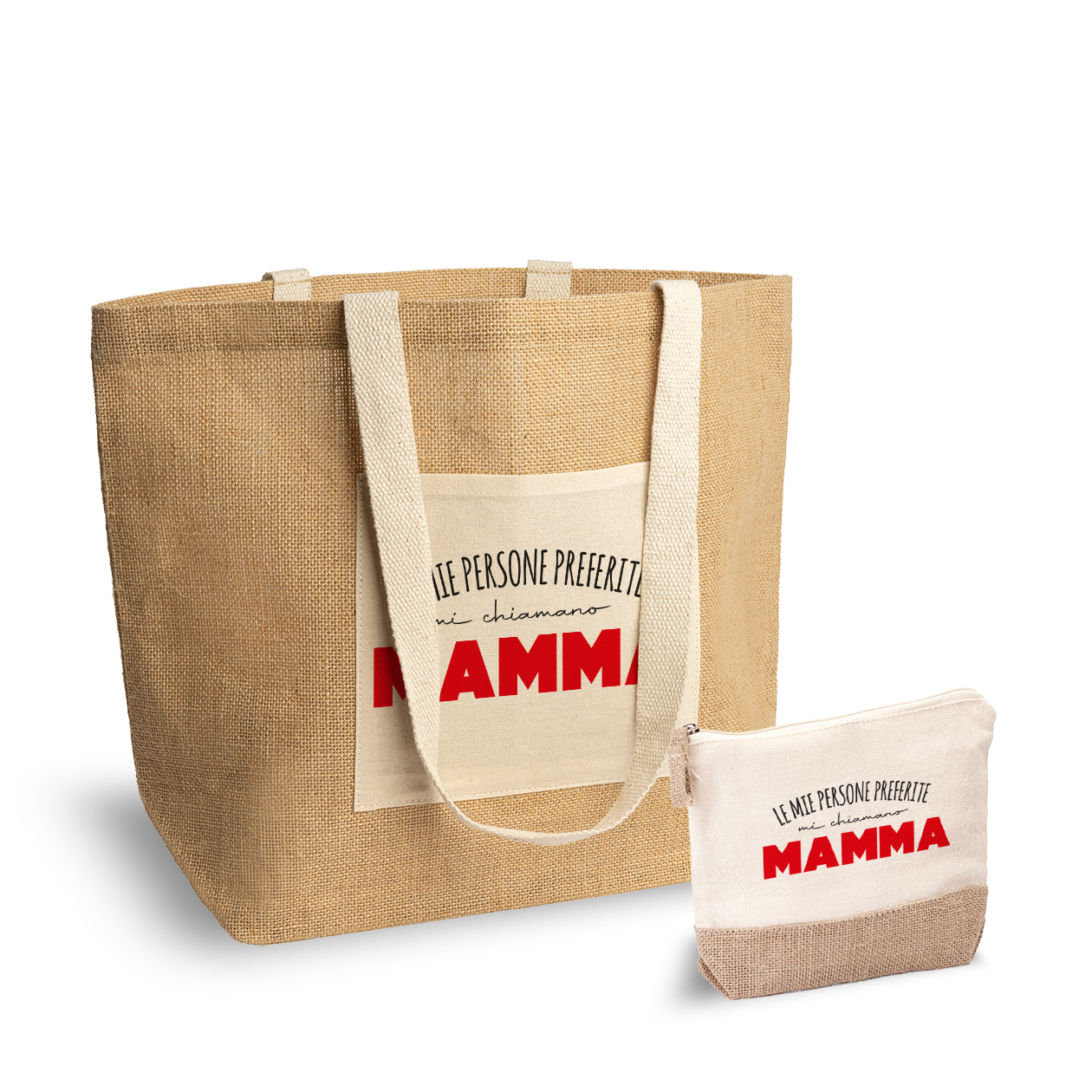 Le mie persone preferite mi chiamano mamma - Set Combo Borsa mare e Pochette in Juta laminata
