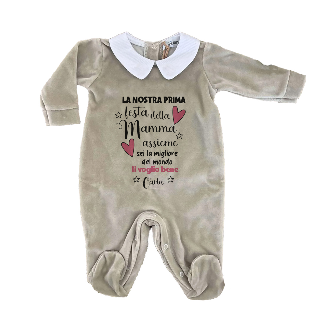 La nostra prima festa dalla mamma - Pagliaccetto Neonato in Ciniglia con Colletto Bianco