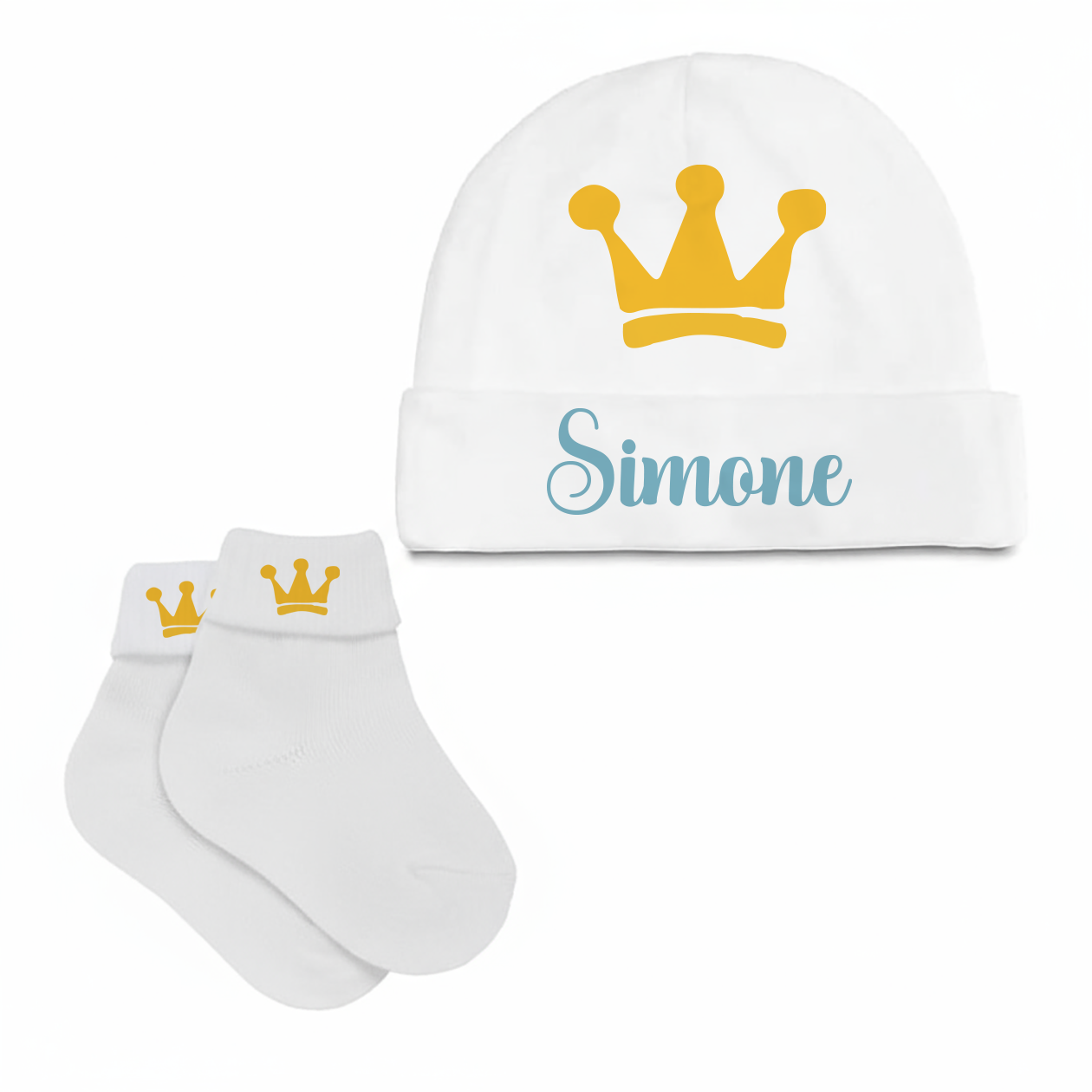 Baby King - Set Nascita Cappellino + Calzini - personalizzato con nome