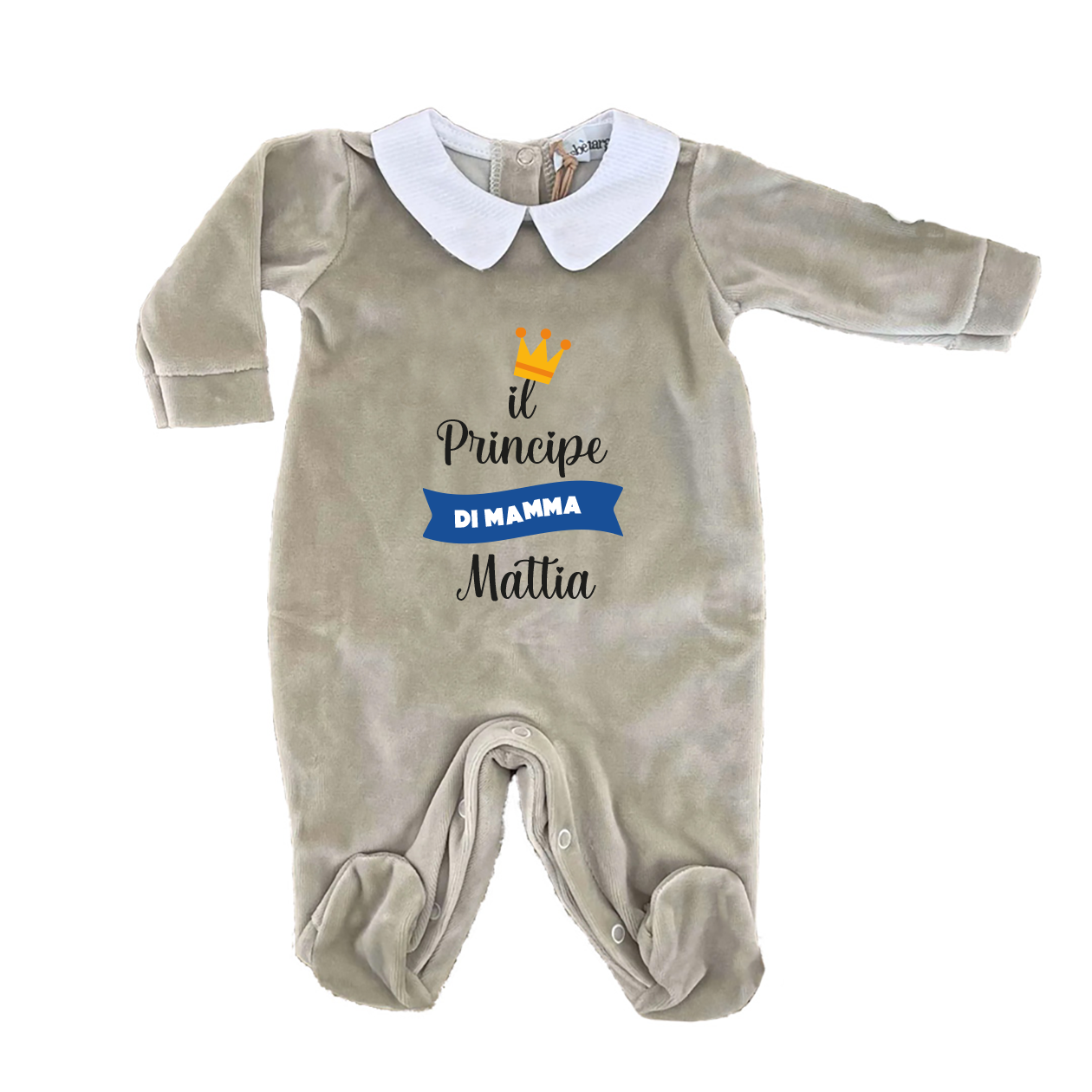 Il principe di mamma - Pagliaccetto Neonato in Ciniglia con Colletto Bianco personalizzato con nome