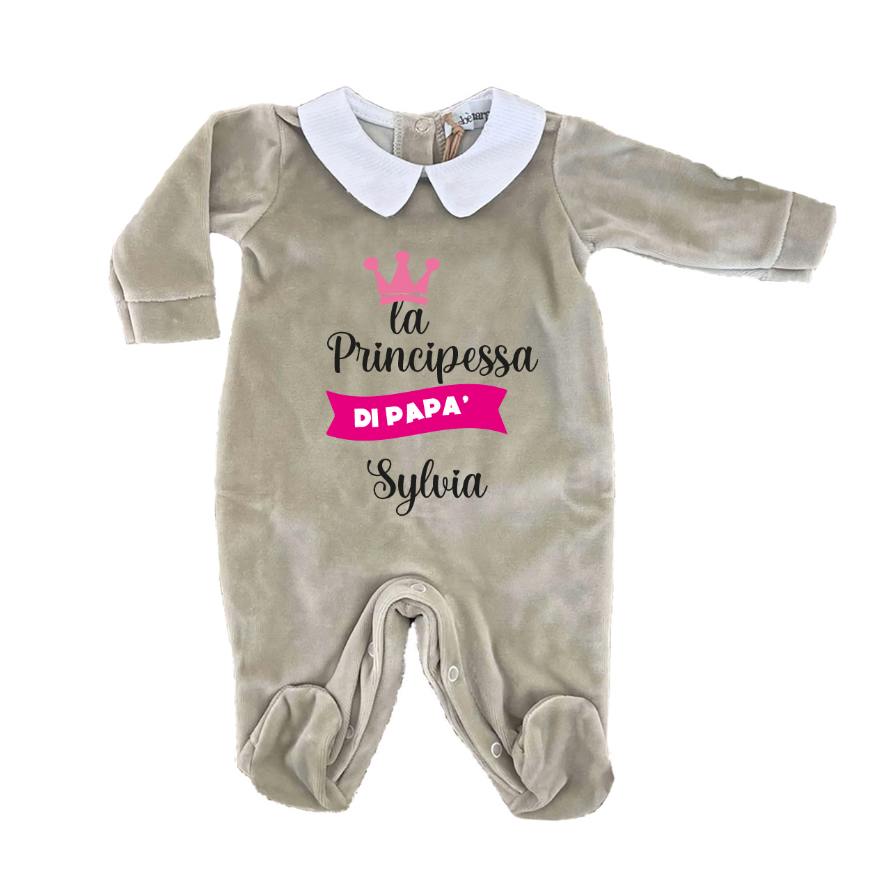 La principessa di papà - Pagliaccetto Neonato in Ciniglia con Colletto Bianco personalizzato con nome