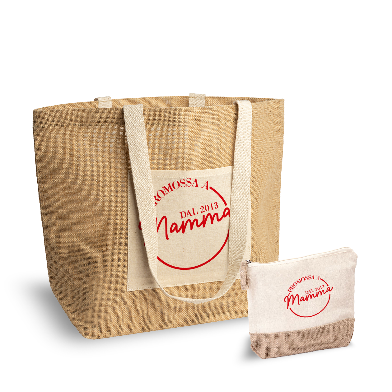 Promossa a mamma - Set Combo Borsa mare e Pochette in Juta laminata - personalizzato con data