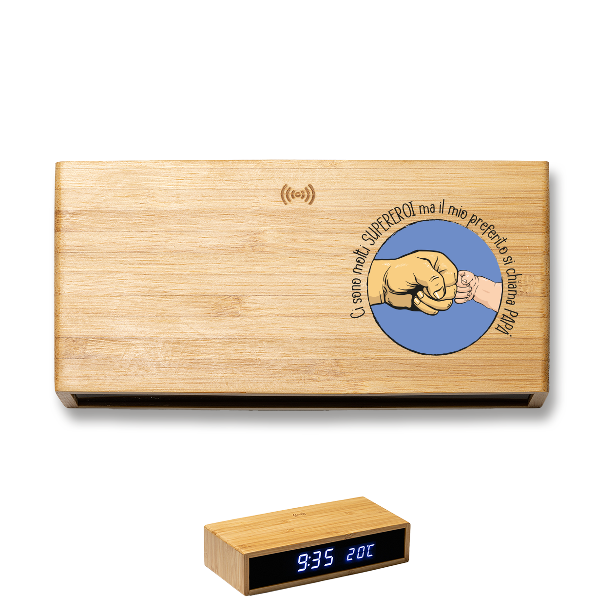 Papà Supereroe - Sveglia Digitale in Bambù con Orologio da Tavolo