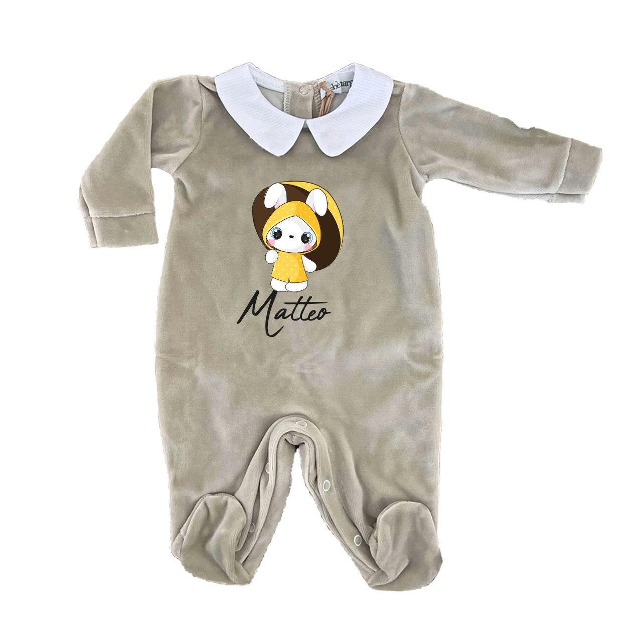 Baby Rabbit - Pagliaccetto Neonato in Ciniglia con Colletto Bianco Personalizzato con nome