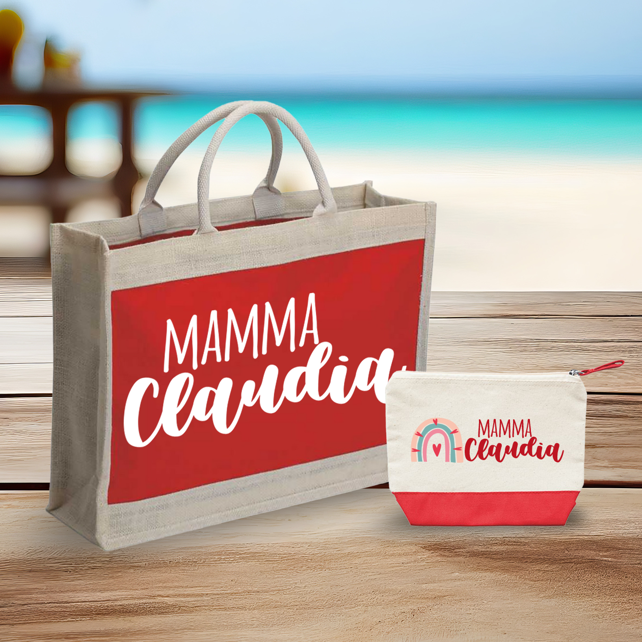 Name mamma - Combo: Borsa mare + Pochette - personalizzata con nome