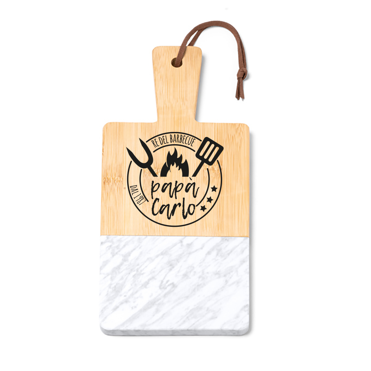 Re del barbecue - Tagliere in marmo e bamboo naturale - personalizzato con nome e data