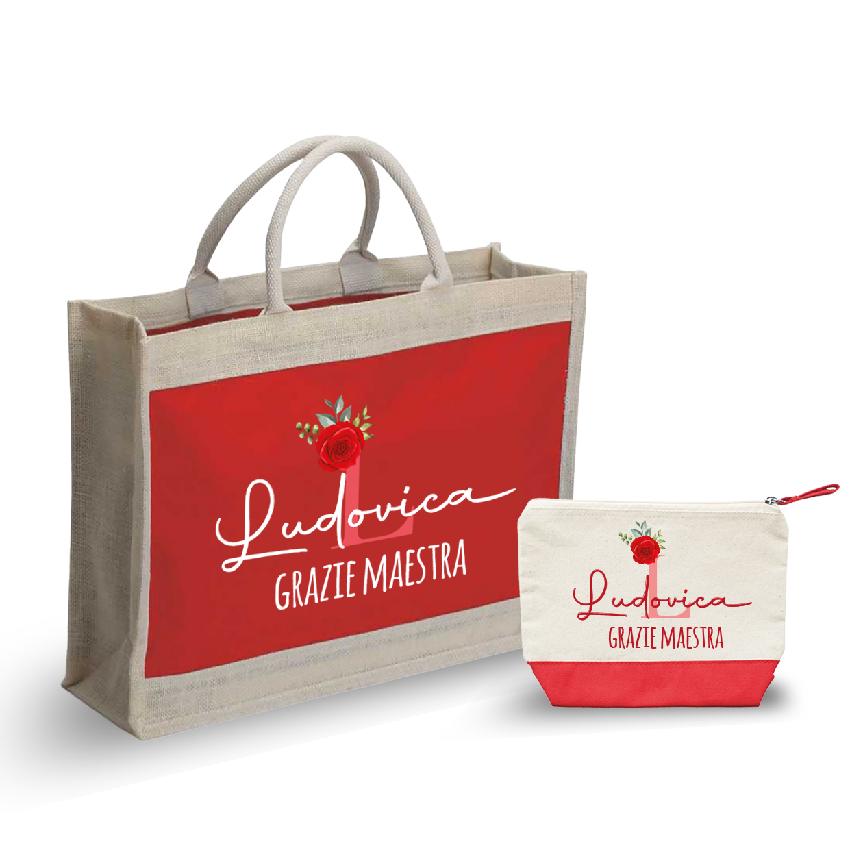 Maestra red rose - Combo: Borsa mare + Pochette - personalizzata con nome