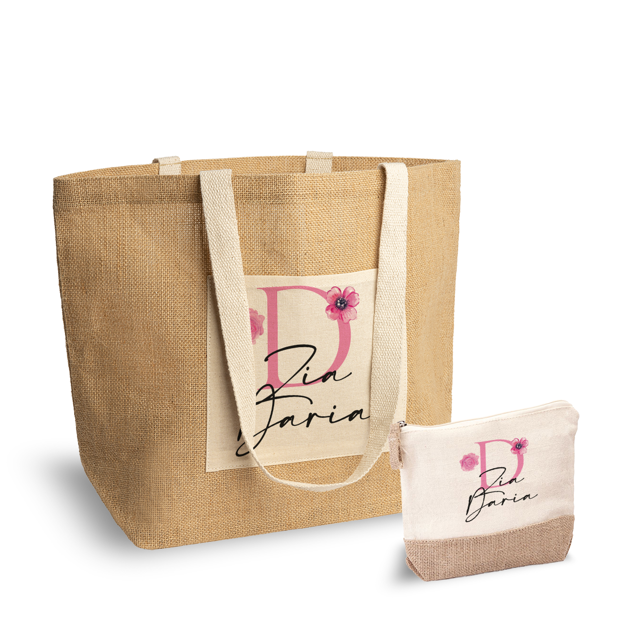 Zia rose - Set Combo Borsa mare e Pochette in Juta laminata - personalizzato con nome e iniziale