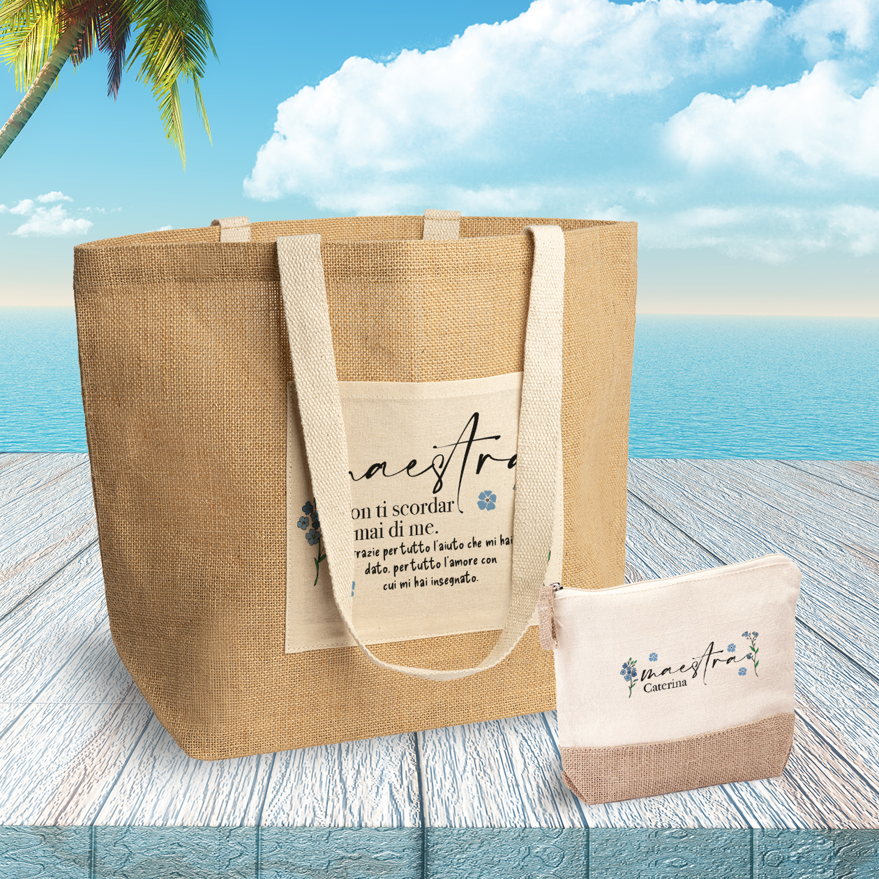 Maestra non ti scordar mai di me - Set Combo Borsa mare e Pochette in Juta laminata - personalizzata con nome