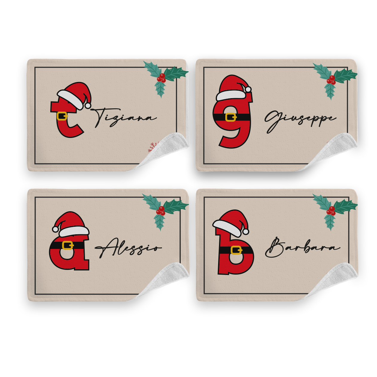 Santa Claus - Set di 4 Tovagliette in tessuto lavabile - personalizzato con nomi e iniziali