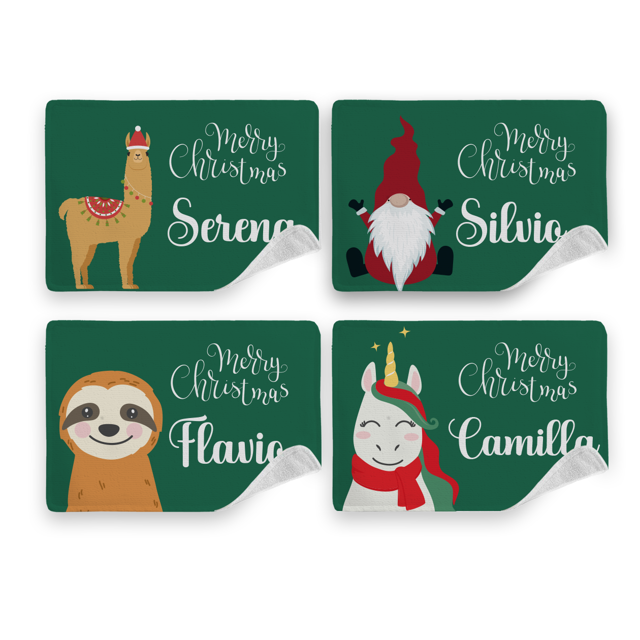 Green Christmas - Set di 4 Tovagliette in tessuto lavabile - personalizzato con nomi