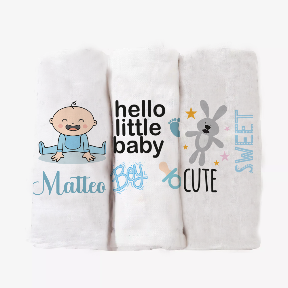 Baby Blue Boy - Set 3 pezzi mussole personalizzate con nome