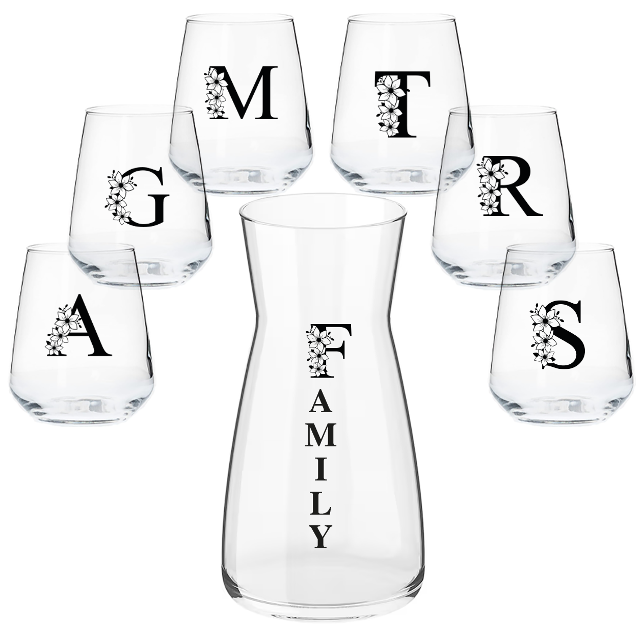 Family - Set Caraffa e 6 Bicchieri personalizzati con iniziali