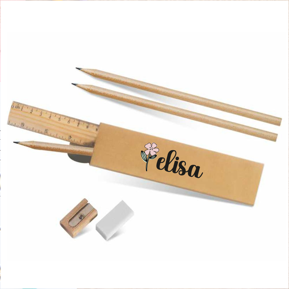 Name flowers - Kit cancelleria regalo in legno da 4 pezzi - personalizzato con nomi