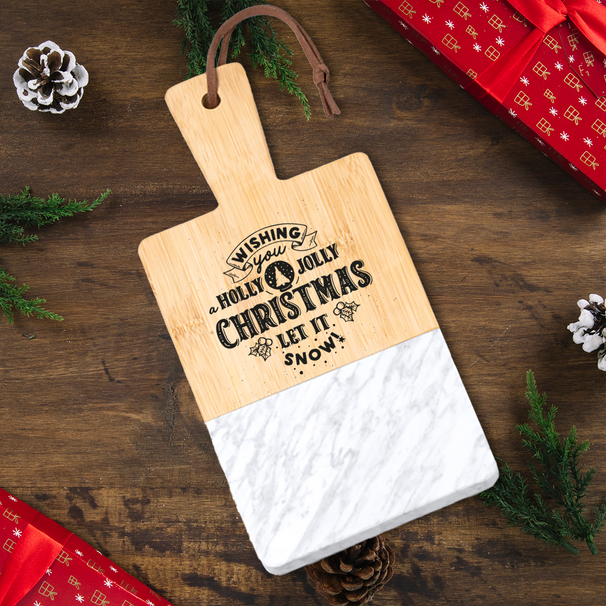 Holly Jolly - Tagliere in marmo e bamboo naturale