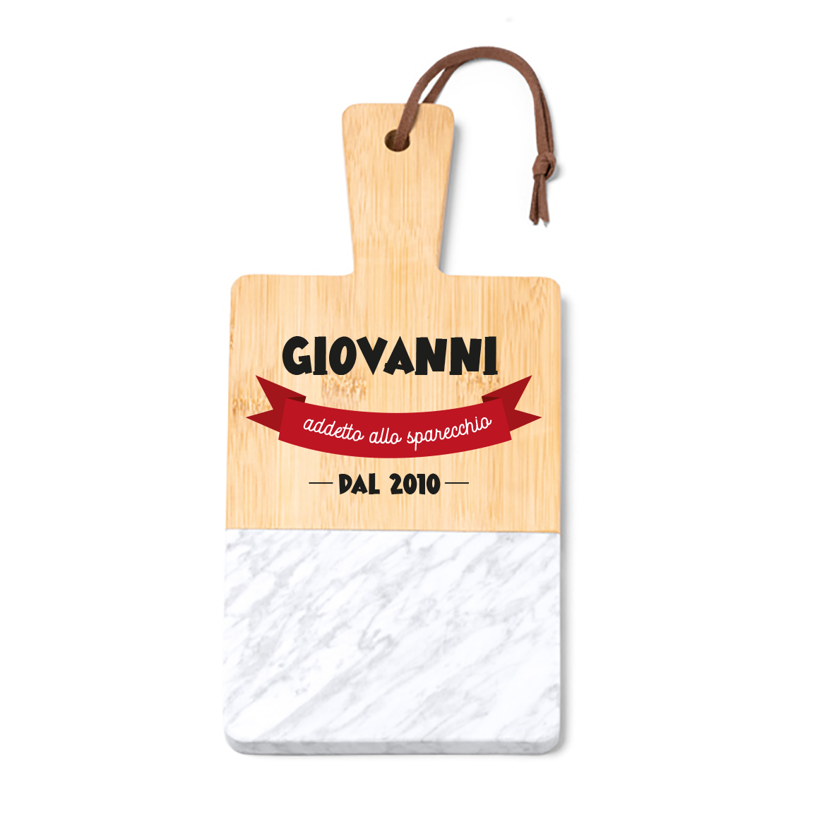 Addetto allo sparecchio - Tagliere in marmo e bamboo naturale - personalizzato con nome e data