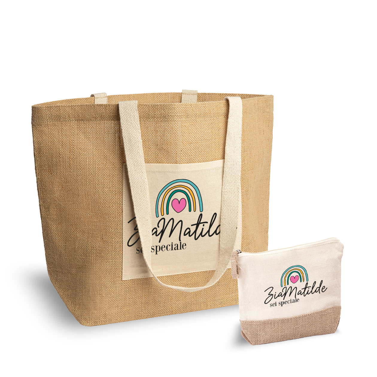 Zia sei speciale - Set Combo Borsa mare e Pochette in Juta laminata - personalizzato con nome