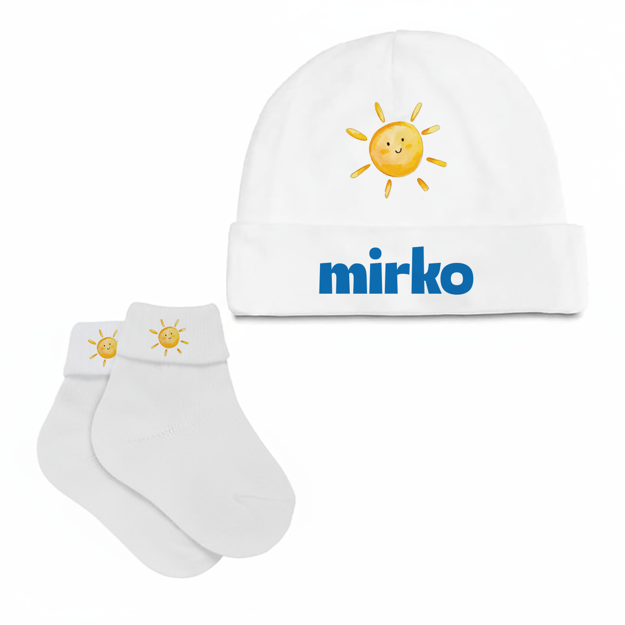 Blue sun - Set Nascita Cappellino + Calzini - personalizzato con nome