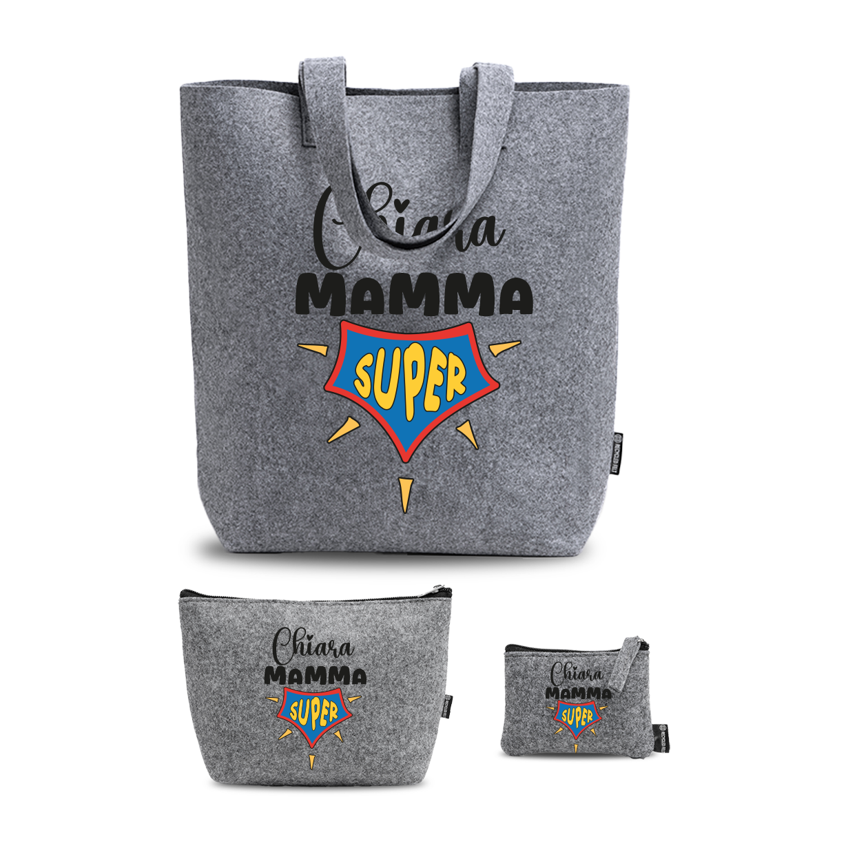 Mamma Super - Tris Borse in feltro con designe melange - personalizzato con nome