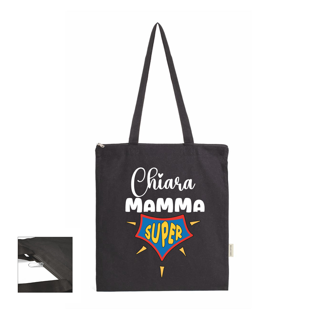 Mamma super - Shopper In Cotone con chiusura zip - personalizzata con nome