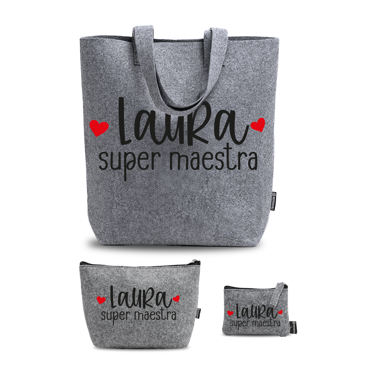 Super maestra - Tris Borse in feltro con designe melange - personalizzato con nome