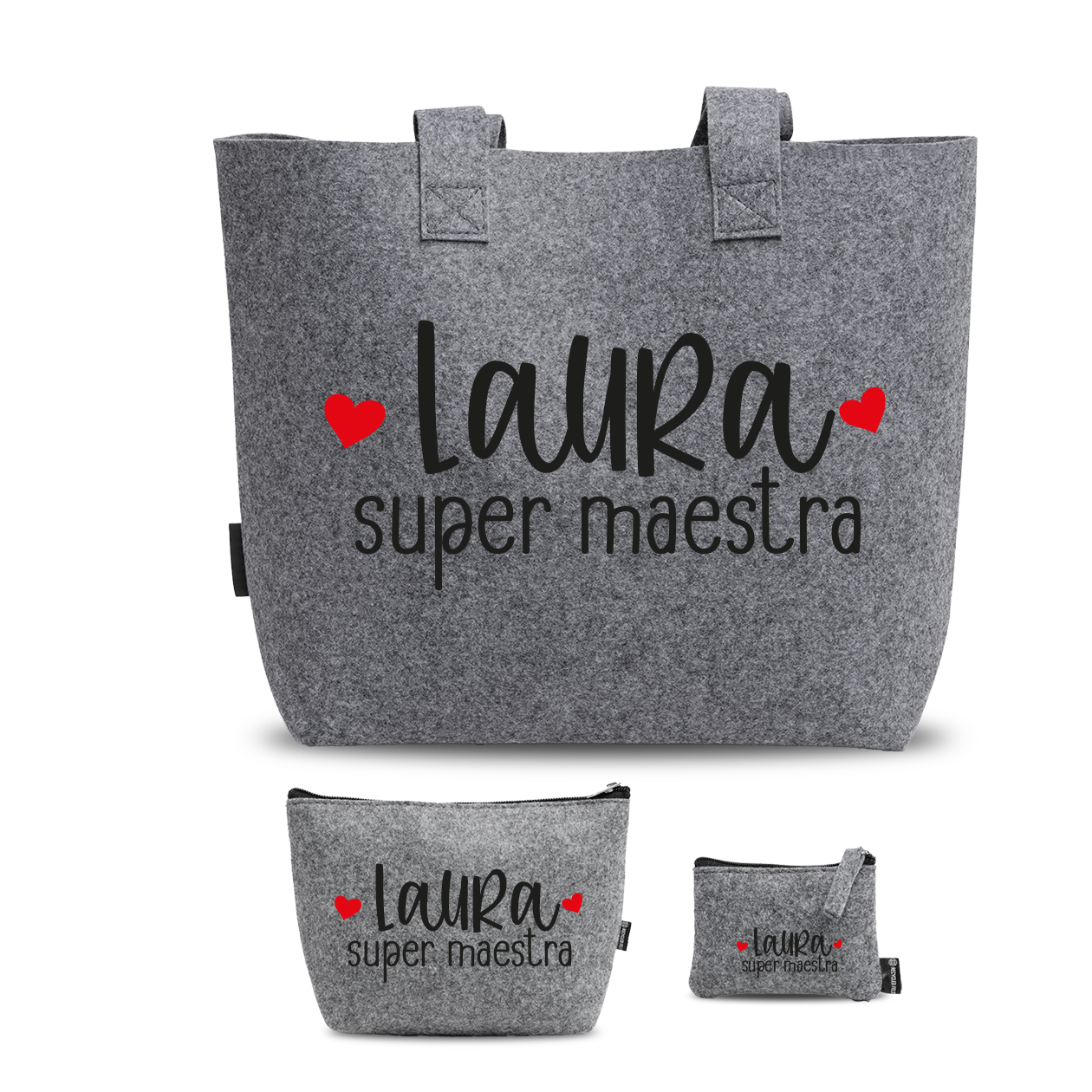 Super maestra - Tris Borse in feltro con designe melange - personalizzato con nome