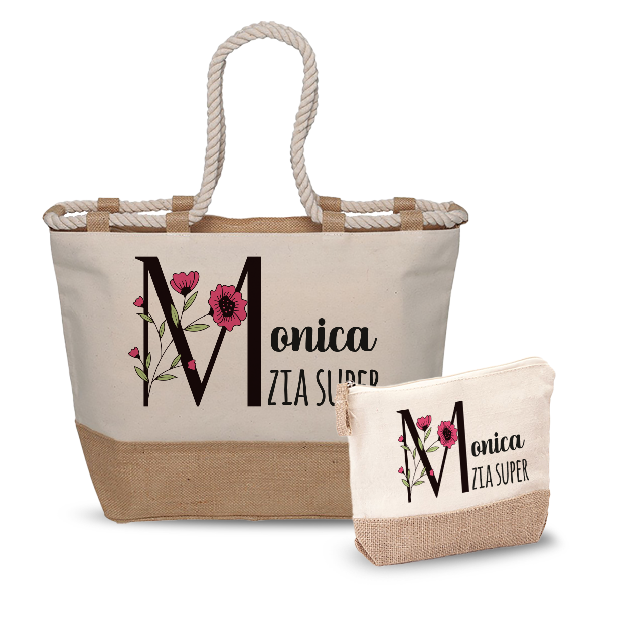Zia Super Flower - Combo: Borsa mare + Pochette - personalizzata con nome e iniziale