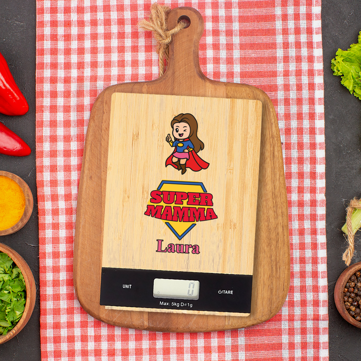 Super mamma (bruna) - Bilancia Da Cucina Digitale - personalizzata con nome