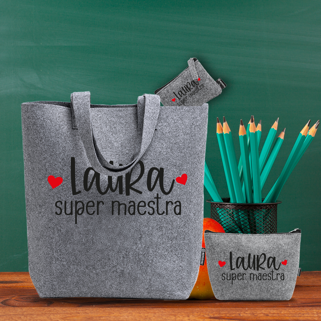 Super maestra - Tris Borse in feltro con designe melange - personalizzato con nome