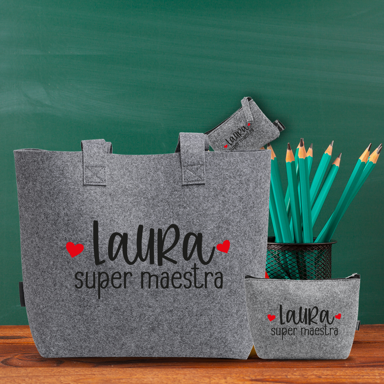Super maestra - Tris Borse in feltro con designe melange - personalizzato con nome
