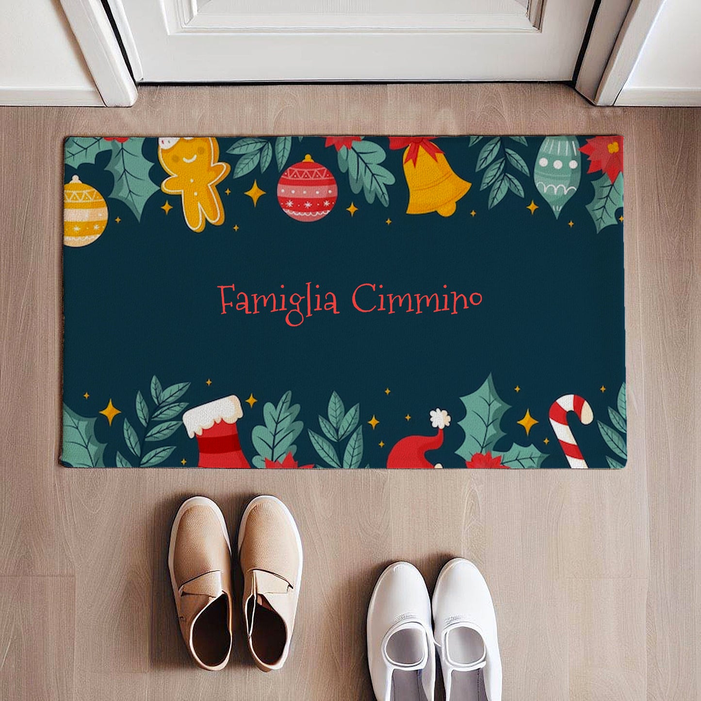 Green - Family Christmas - Tappeto Personalizzato con Cognome Famiglia
