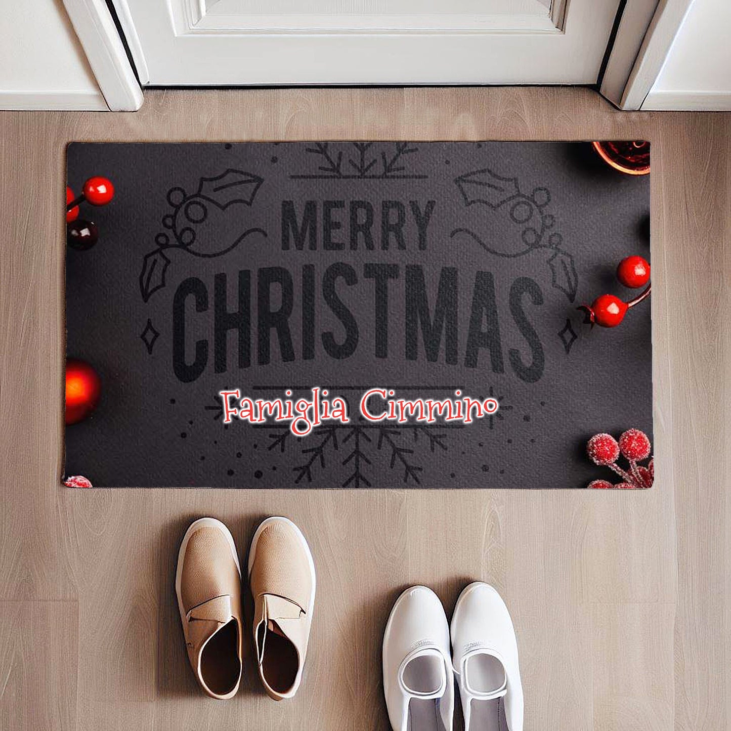 Red - Family Christmas - Tappeto Personalizzato con Cognome Famiglia
