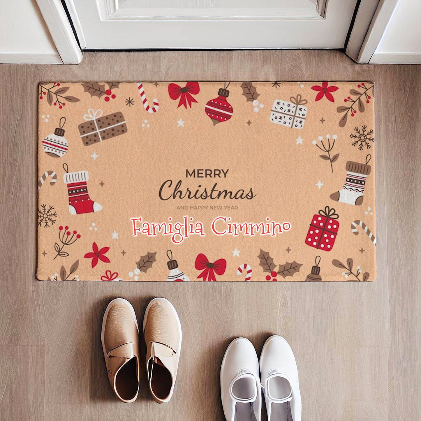 Beige - Family Christmas - Tappeto Personalizzato con Cognome Famiglia