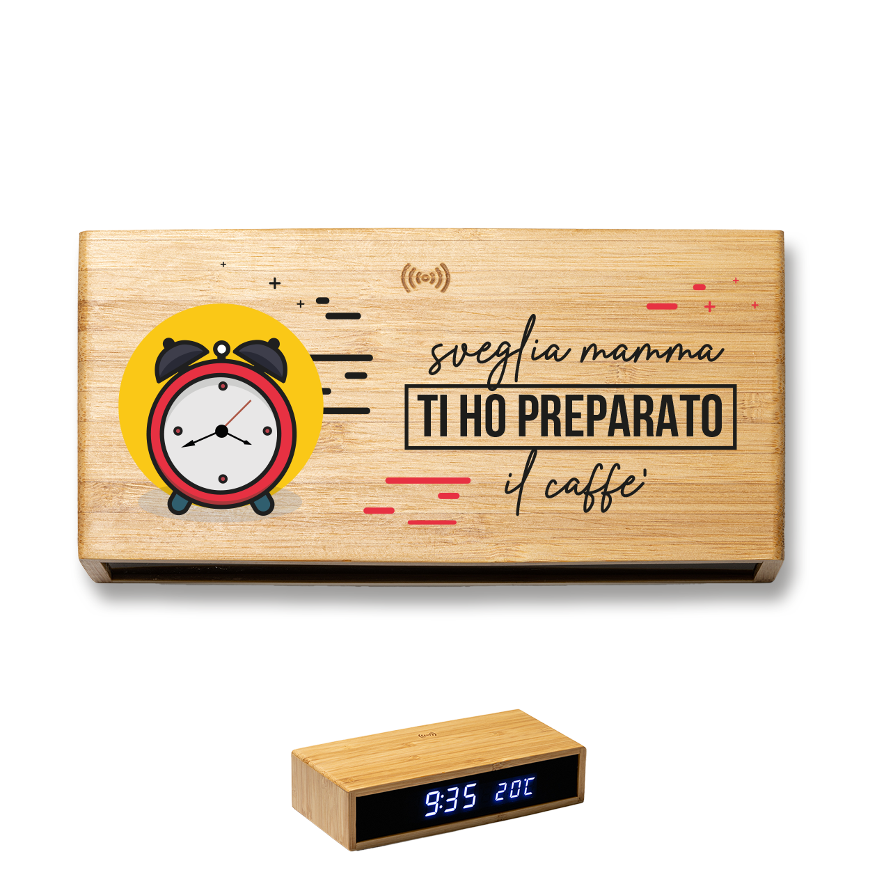Sveglia mamma ti ho preparato il caffè - Sveglia Digitale in Bambù con Orologio da Tavolo
