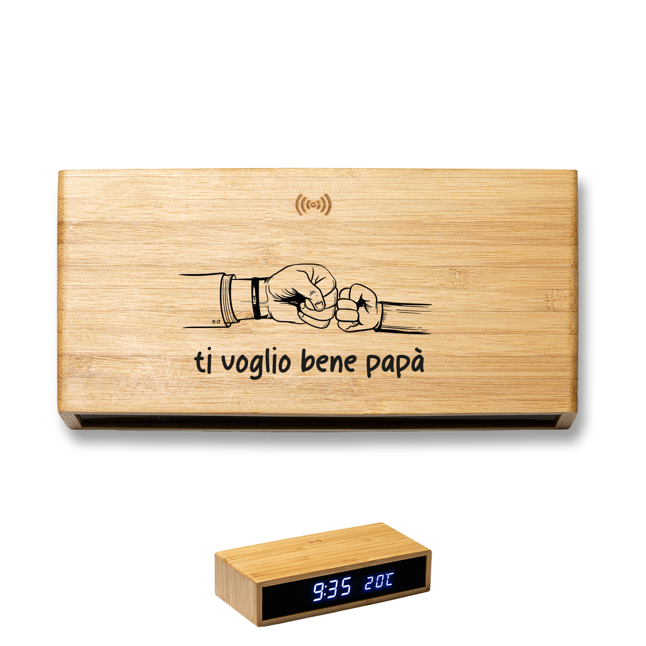 Ti voglio bene papà - Sveglia Digitale in Bambù con Orologio da Tavolo