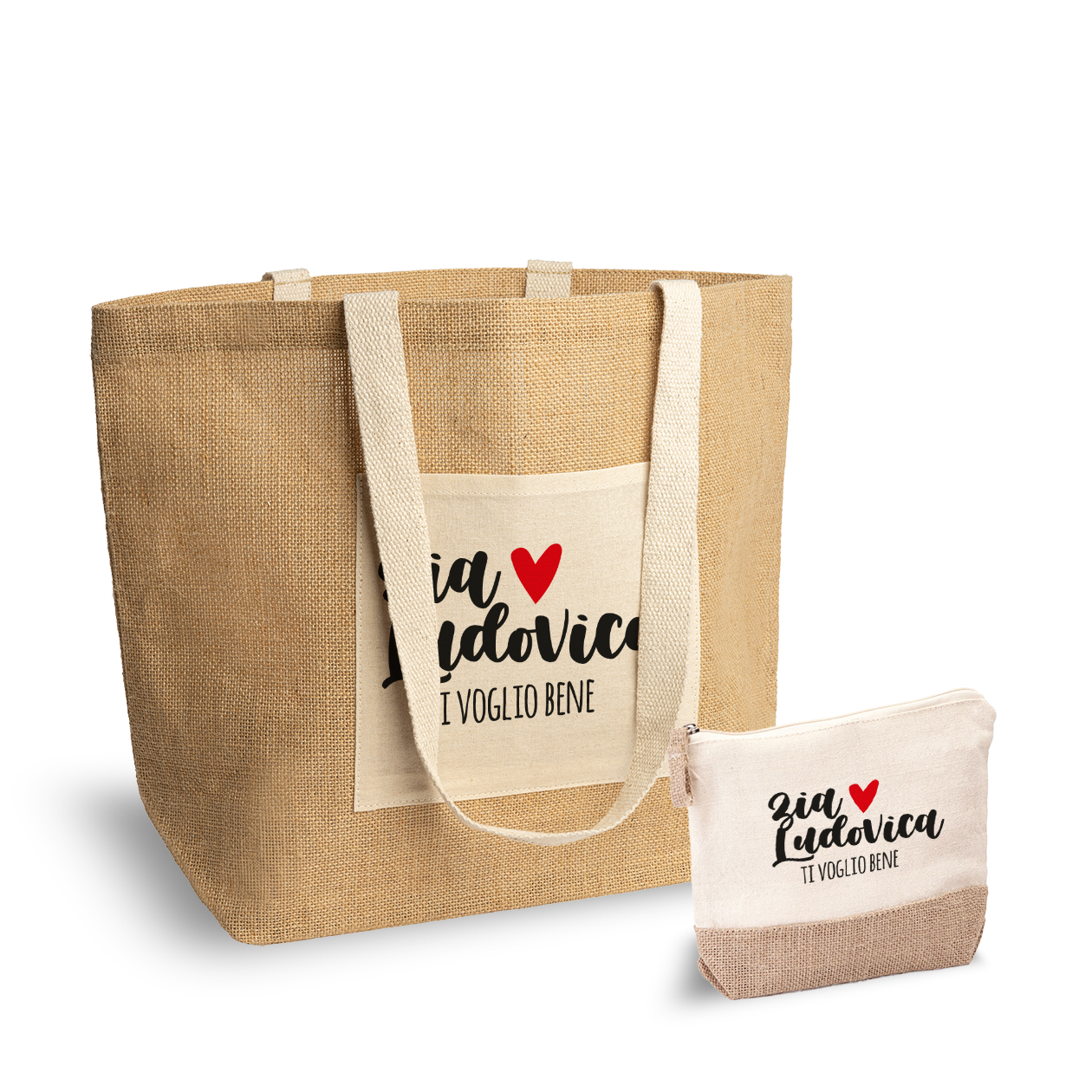 Zia ti voglio bene - Set Combo Borsa mare e Pochette in Juta laminata - personalizzato con nome