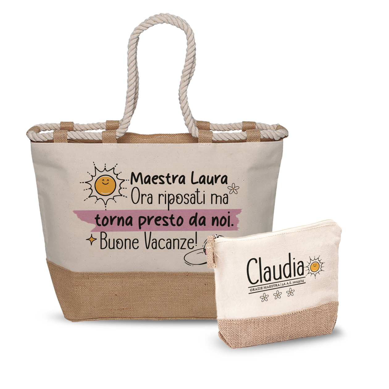 Maestra buone vacanze - Combo: Borsa mare + Pochette - personalizzata con nome