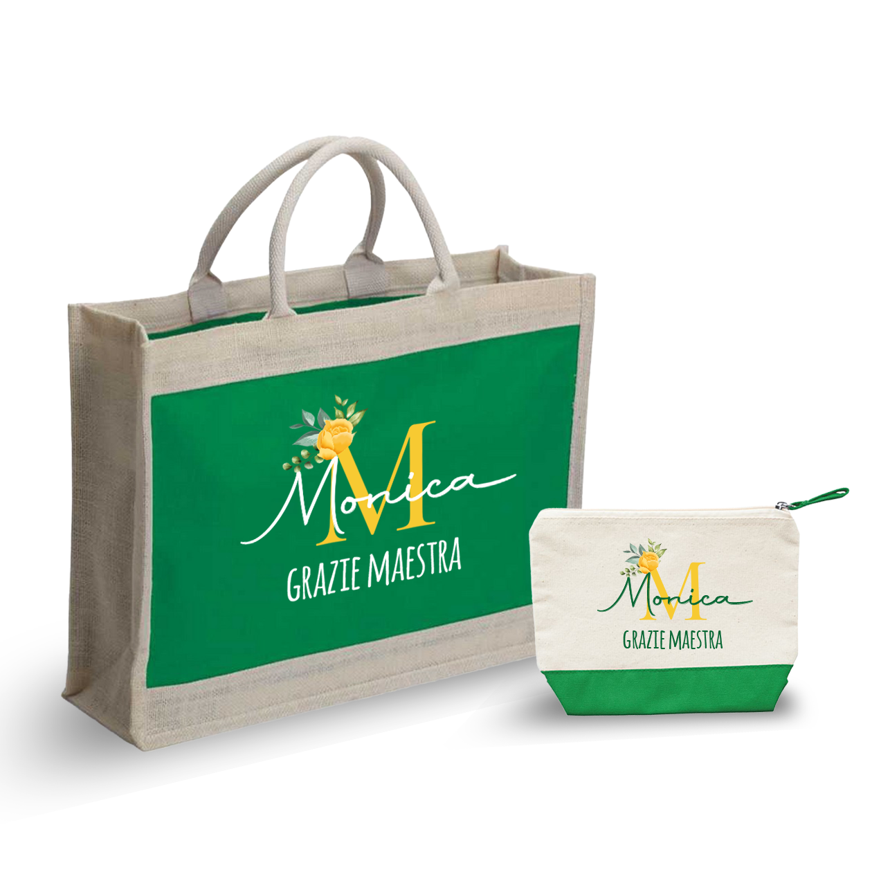 Maestra flower yellow - Combo: Borsa mare + Pochette - personalizzata con nome