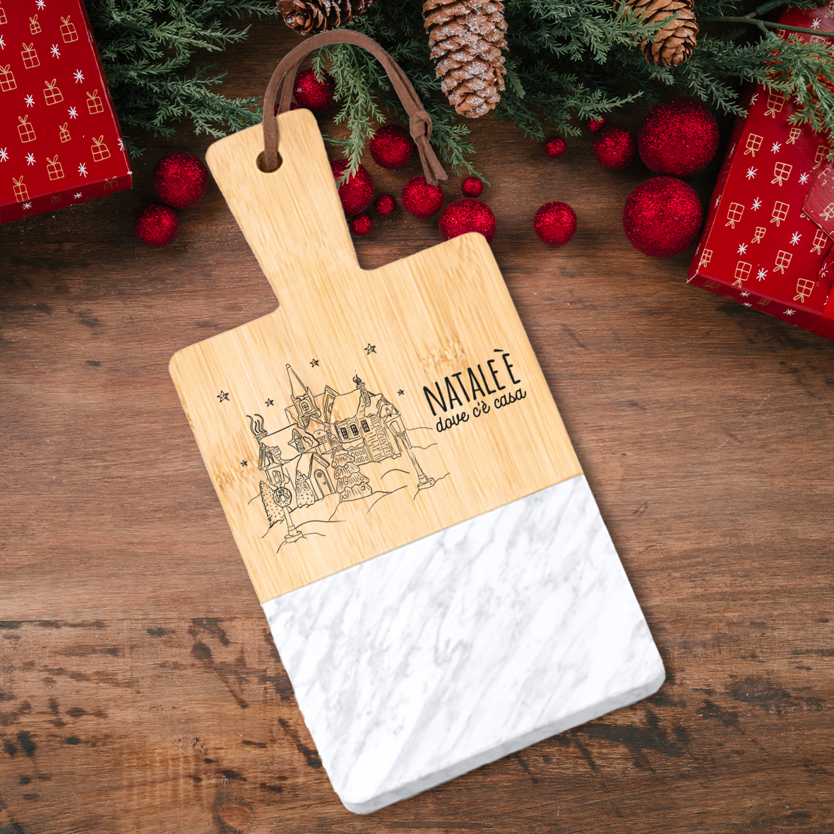 Natale è dove c'è casa - Tagliere in marmo e bamboo naturale